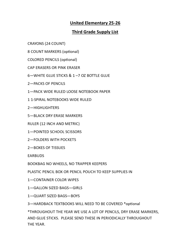 Third Grade Elementary Supply List