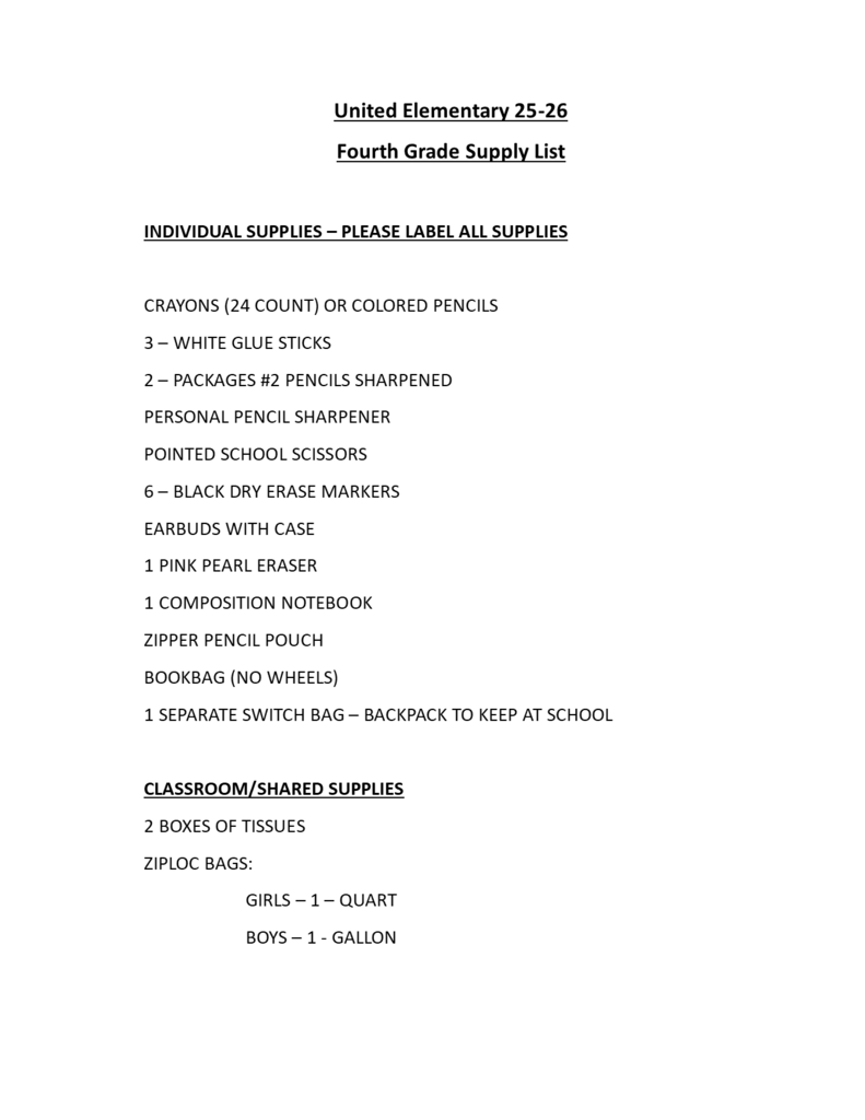 Fourth Grade Elementary Supply List