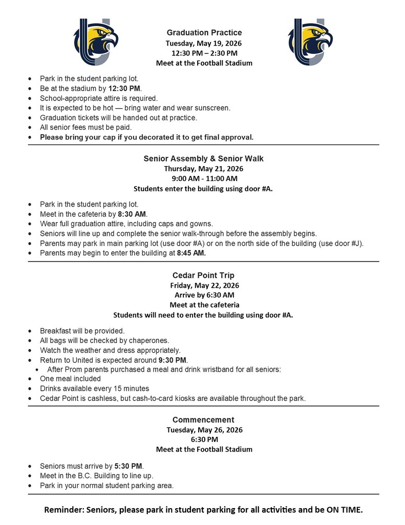 Reminders for Seniors this upcoming week.