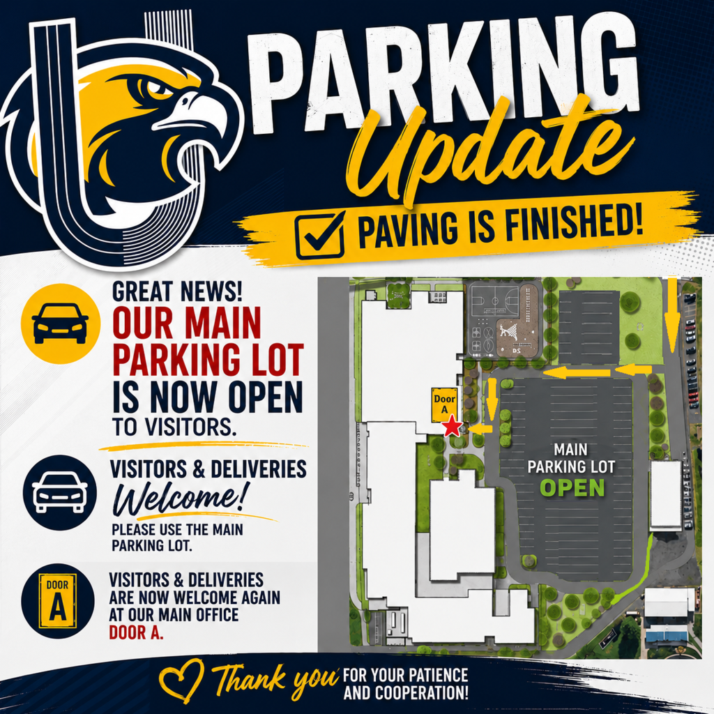 Parking Lot Update. Main parking lot is now available to visitors and for deliveries.