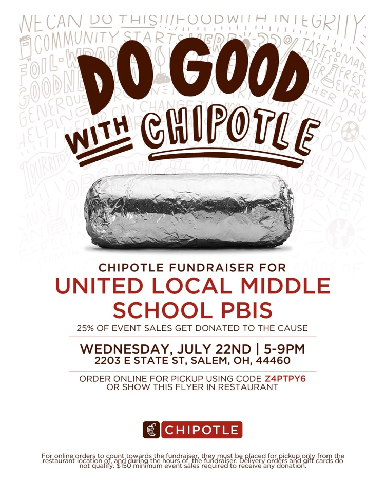 Support United Local middle school PBIS Wednesday, July 22 at Chipotle, Salem, Ohio