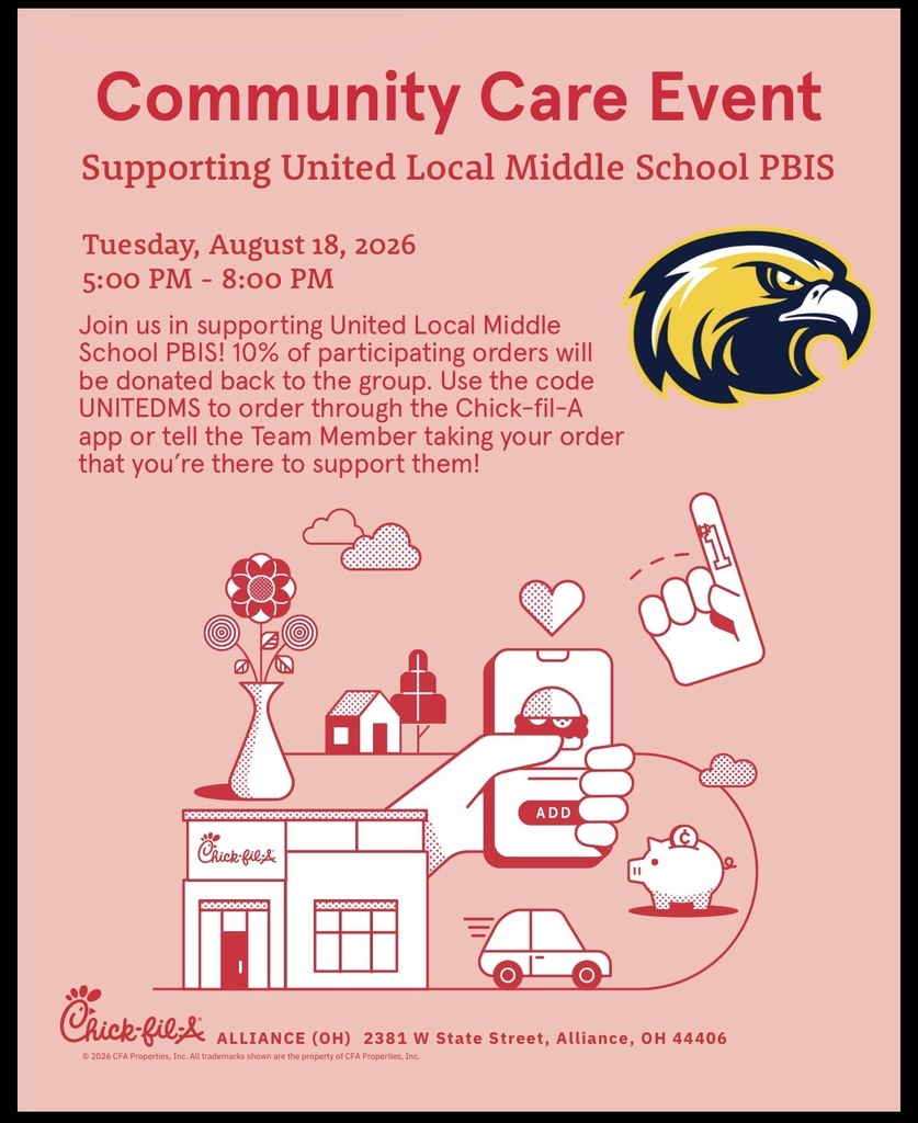 Join us August 18 from 5–8 PM at the Alliance Chick-fil-A to support our United Middle School PBIS program! A portion of your purchase will benefit PBIS and help provide positive recognition, incentives, and activities for all of our 5th–8th grade students. Grab some dinner, bring the family, and help our Golden Eagles SOAR! 💙💛🦅