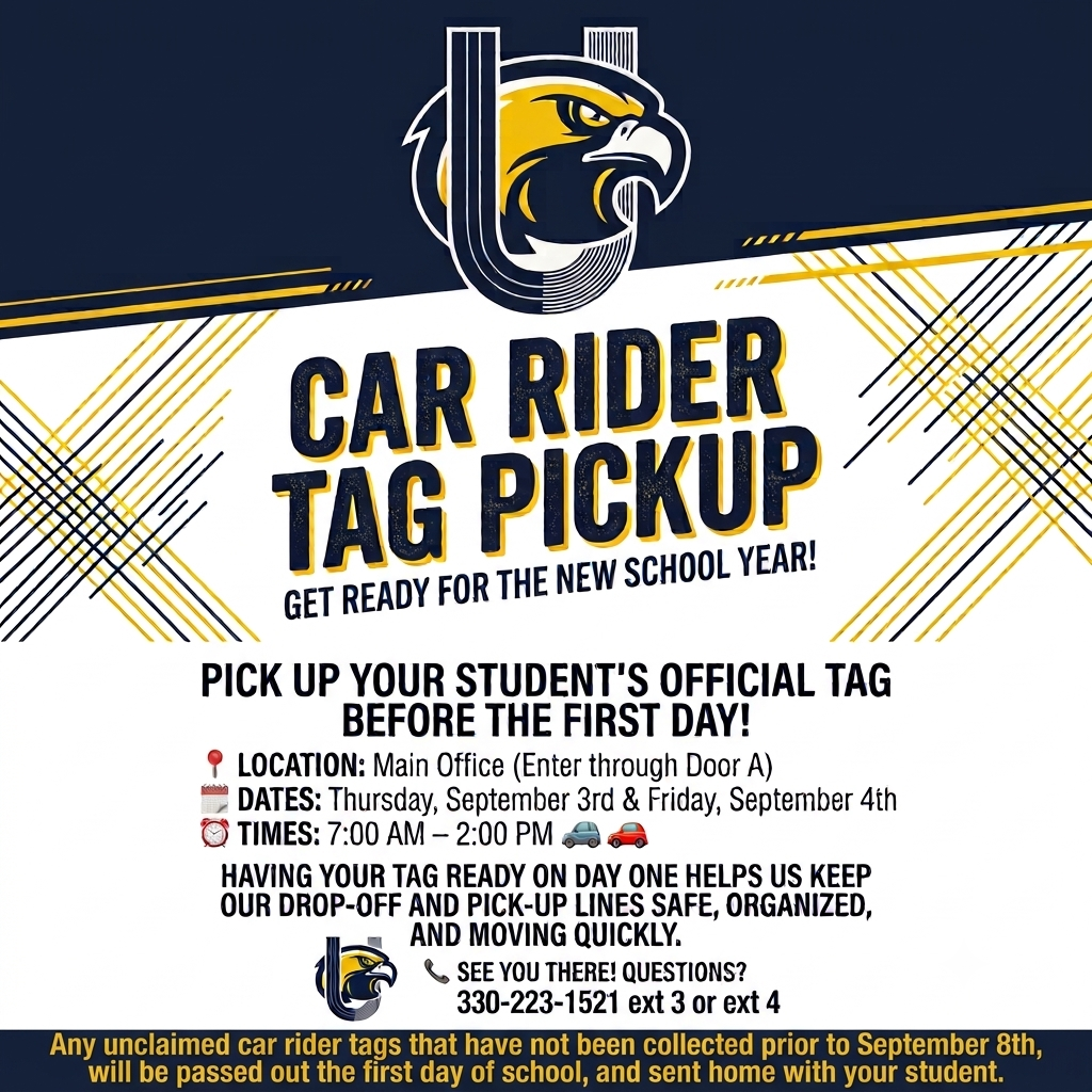 Car Rider Tag Pickup 9/3/26 & 9/4/2026 7:00am-2:00pm