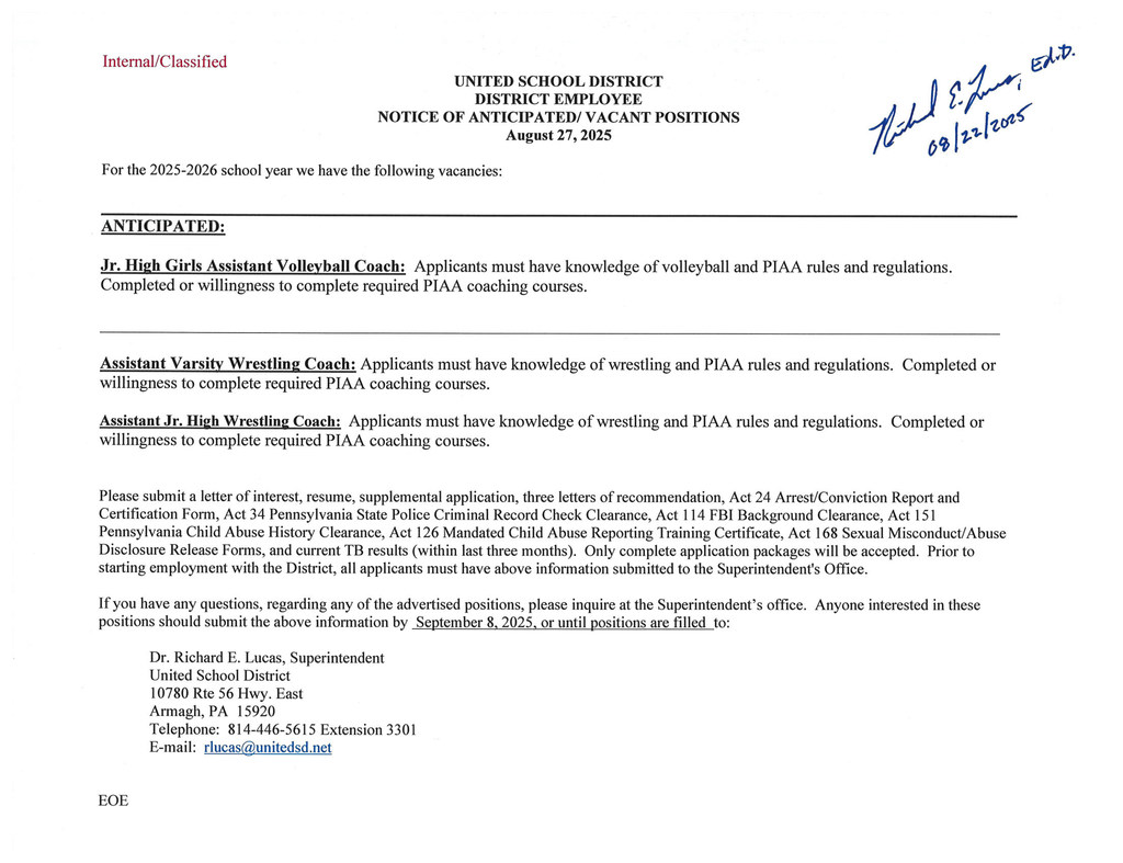 Anticipated Jr. High Girls Assistant Volleyball Coach, Assistant Varsity Wrestling Coach, Assistant Jr. High Wrestling Coach