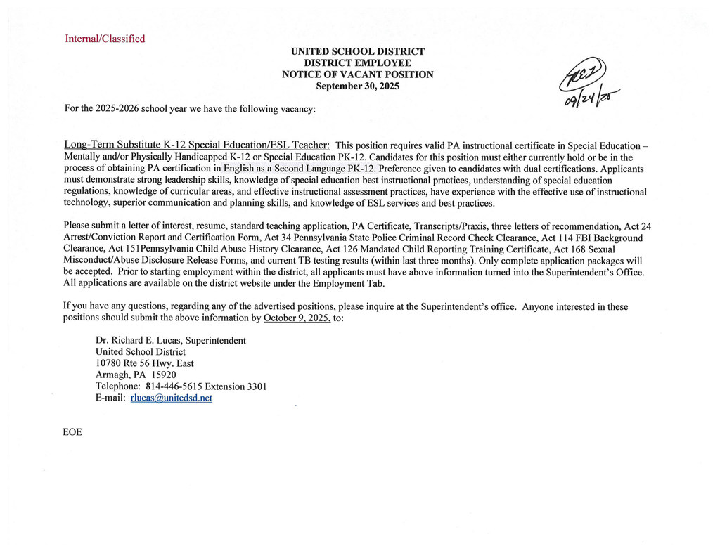 Long-Term Substitute K-12 Special Education/ESL Teacher