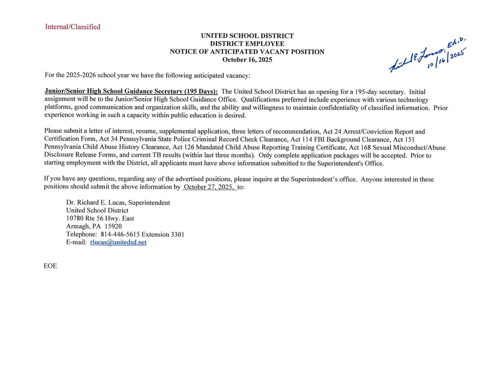 For the 2025-2026 school year we have the following anticipated vacancy: