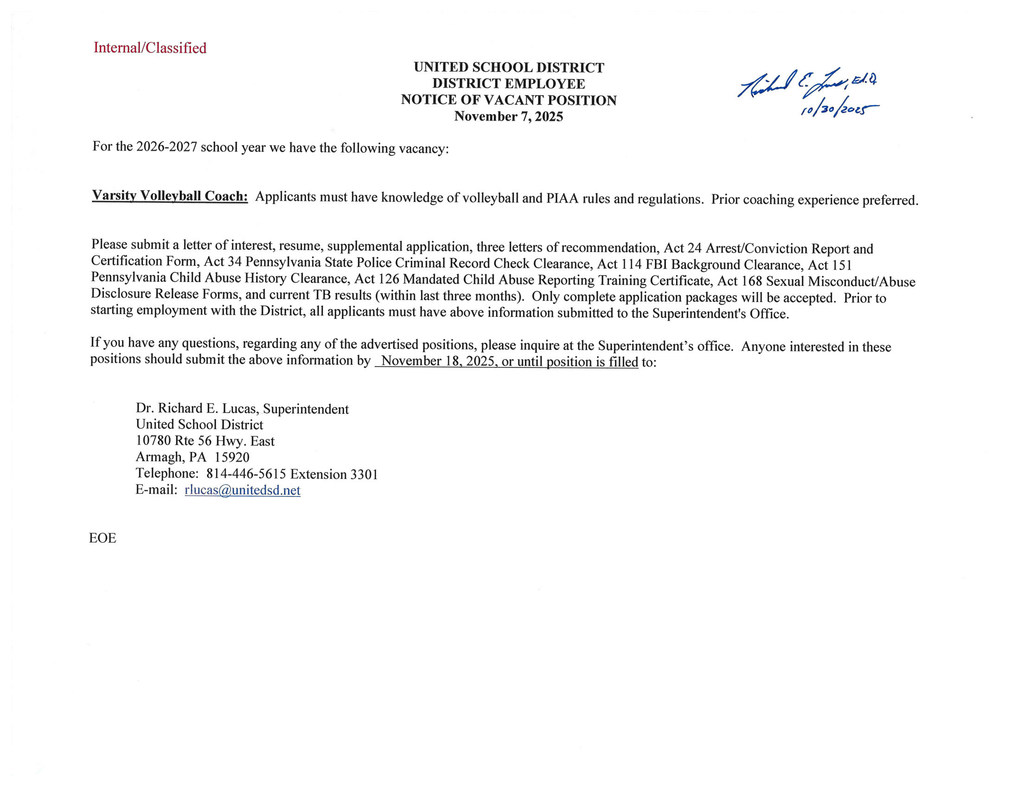 Varsity Volleyball Coach for 2026-2027