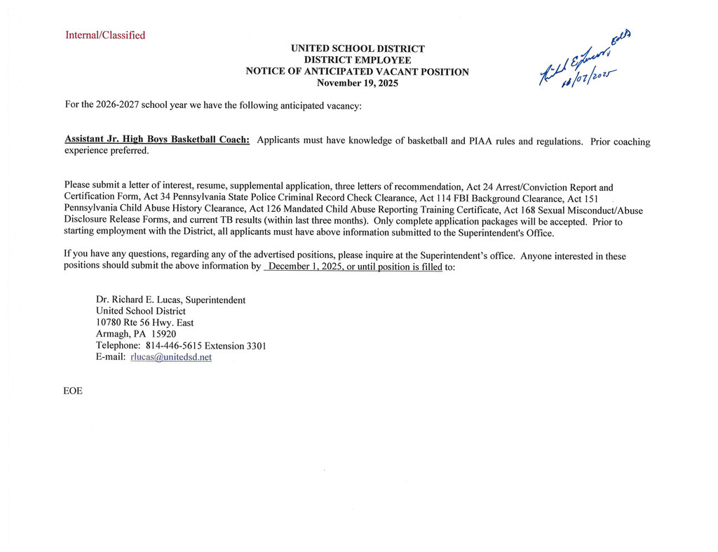 Assistant Jr. High Boys Basketball Coach