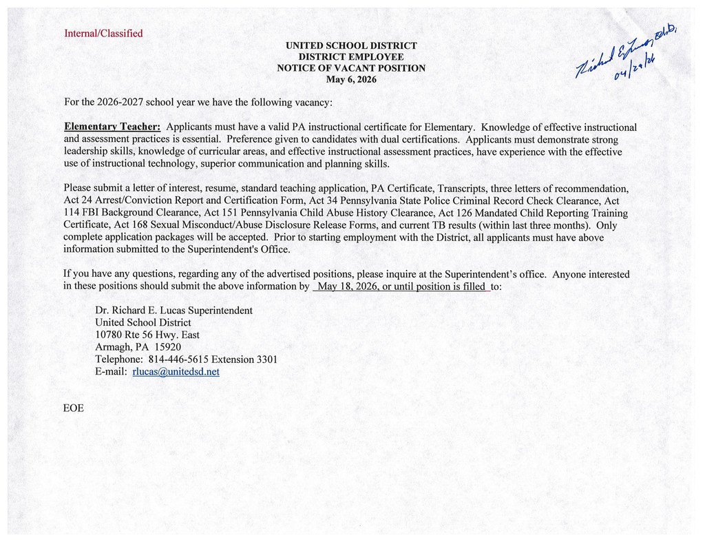 For the 2026-2027 school year we have the following vacancy: Elementary Teacher