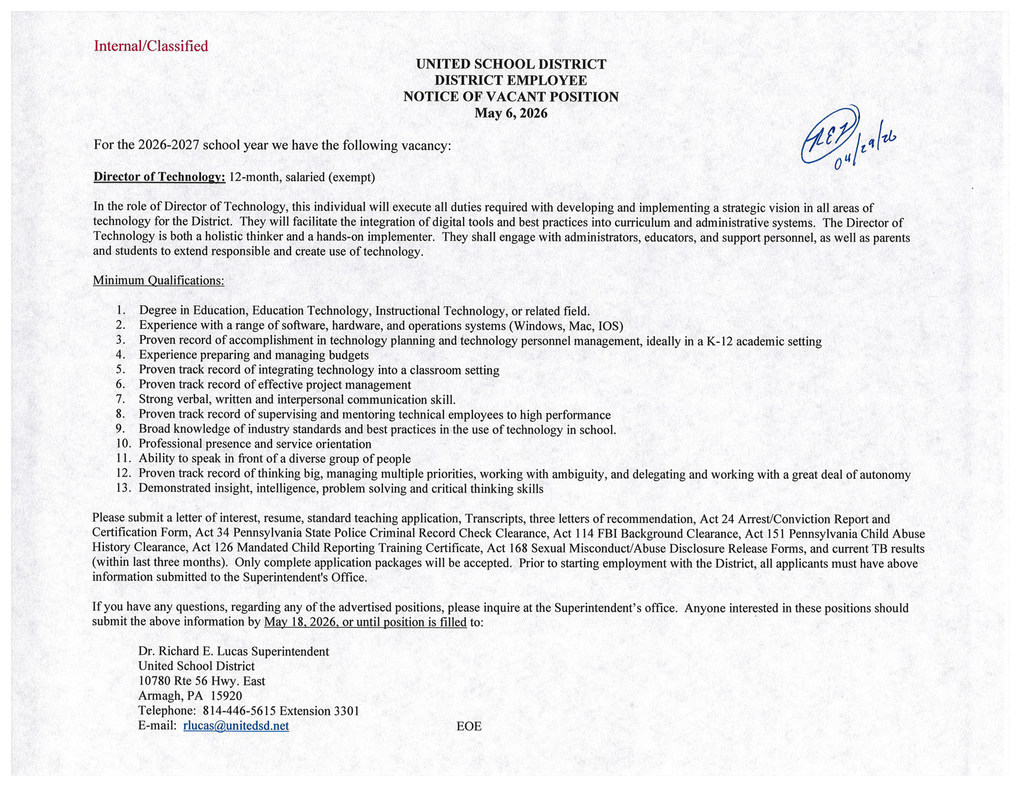 For the 2026-2027 school year we have the following vacancy: Director of Technology