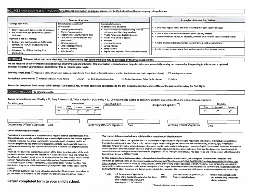 Free and Reduced Lunch Application
