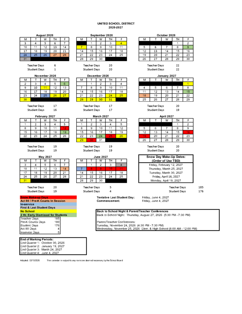 2026-2027 School Calendar pg.1