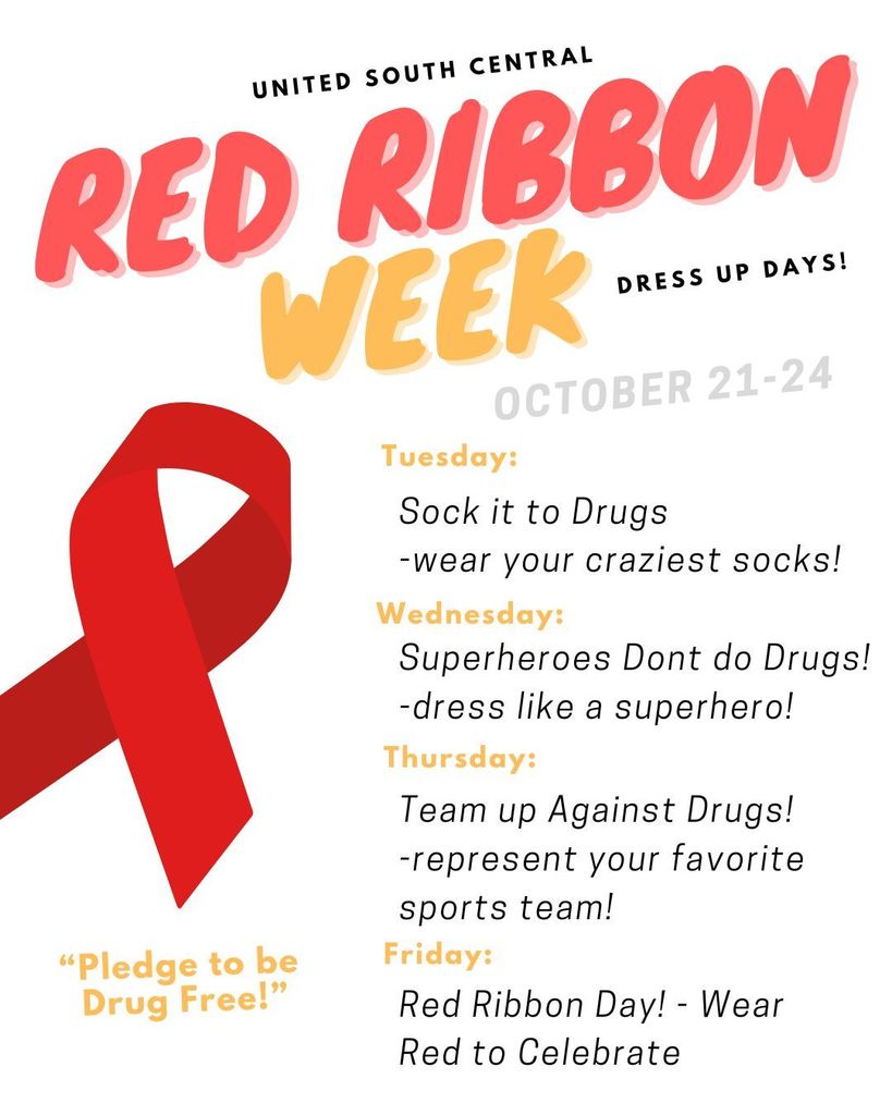 It is Red Ribbon Week at USC October 21st-24th! Red Ribbon Week is the nation's annual drug awareness program. This program helps to promote the prevention of tobacco, alcohol and other drugs through awareness events and activities! Here are some dress up days to celebrate!
