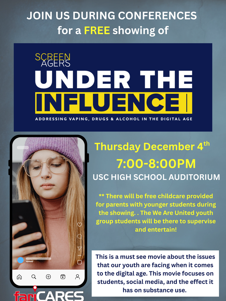 JOIN US Thursday Dec 4th for a free showing of "Screenagers Under The Influence"!  This movie addresses vaping, drugs and alcohol in the digital age. It's a must see for everyone! 
