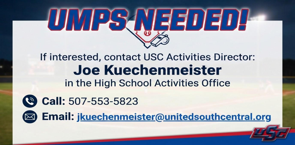 Umps Needed. Reach out to USC AD Joe Kuechenmeister. 