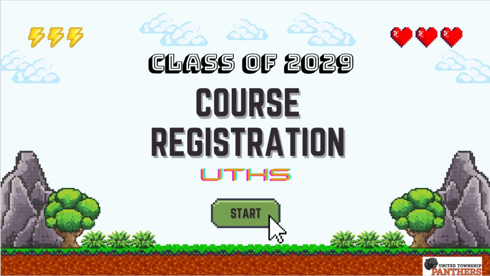 Old school video gaming image with rocks, trees, bushes, grass on dirt layer with clouds, lighting, and hearts in the sky. There is a green START button with an arrow hovering over it.