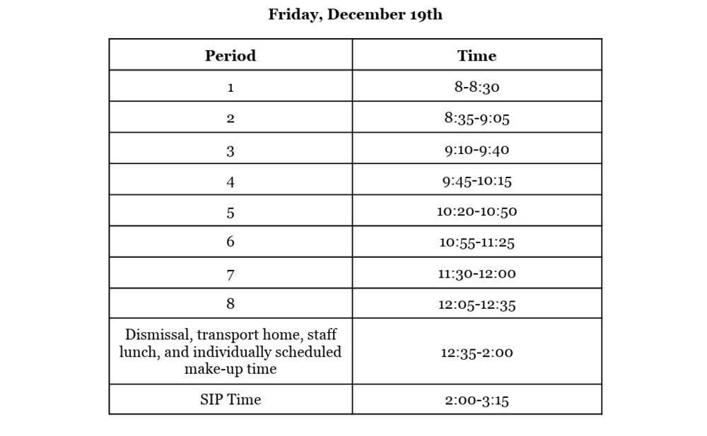 Image of Schedule for SIP Early Release Day.