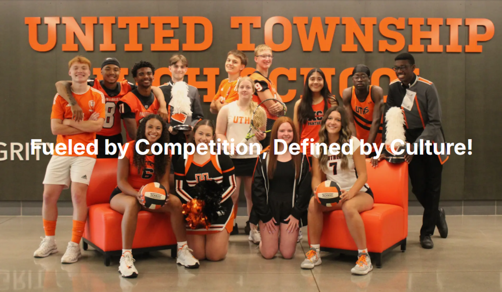 Image of student-athletes from all different fall sports, including soccer, football, marching band, cheer, volleyball, swim, tennis, and cross country.