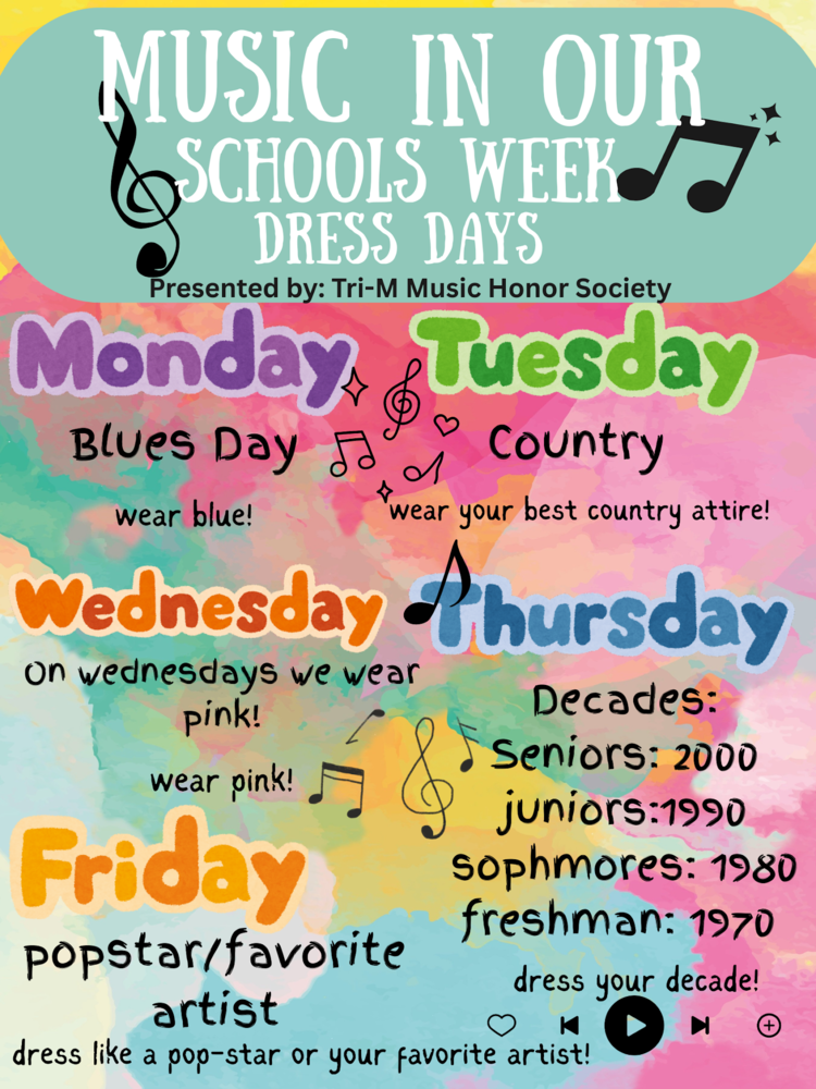 Water color background spirit week flyer for music in our schools. Flyer includes images of musical notes and 