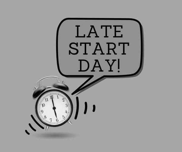 Image of alarm clock with talking bubble for late start day.