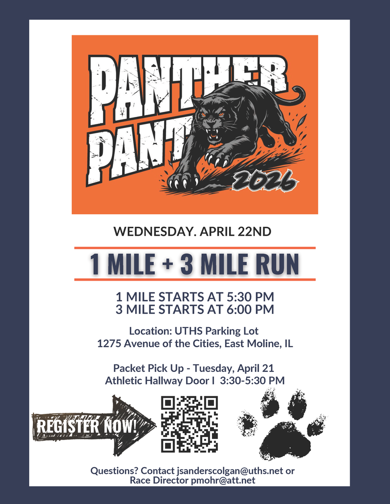 Image of Panther Pant 2026 flyer that has a panther running  at the top and a panther paw on the bottom right of the flyer with an arrow pointing to the QR code to register for the event.