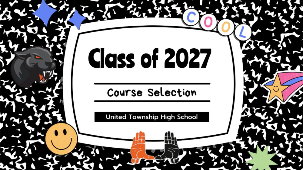 Image of composition notebook with star in different styles and colors, hands forming a U in orange and black, a yellow smiley face, and a panther head.