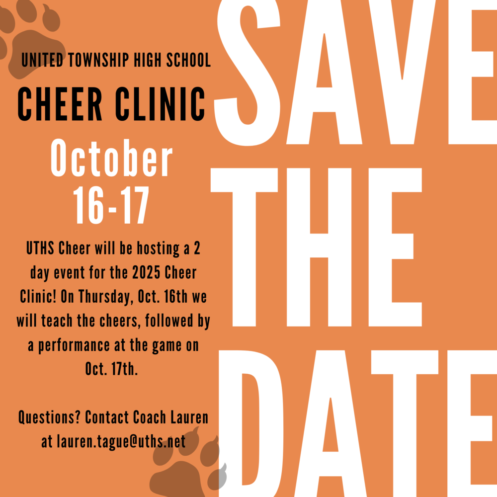 Save the date image for cheerleading clinic in October. Orange background with black panther paws. Writing is in white and black.