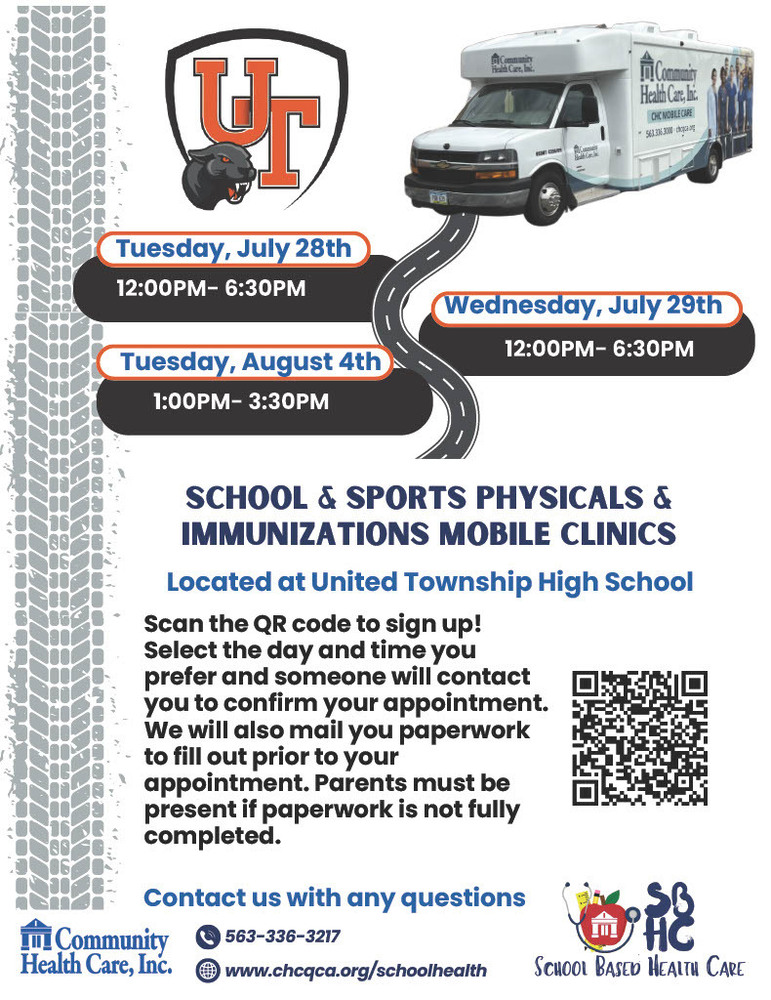 CHC mobile clinic flyer. UTHS crest with panther head in top left of page. Tire track running down left side of page. Mobile bus image on top right of page with a strip of road running down the front of it. The CHC logo and School Based Health Care logo are on the bottom of the page. QR code provided on page to sign up ahead of time.