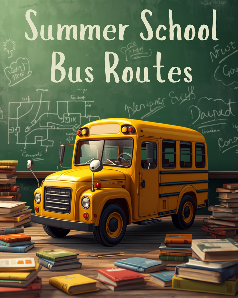Image of Chalk Board, School Bus, and Books to announce summer school bus routes.