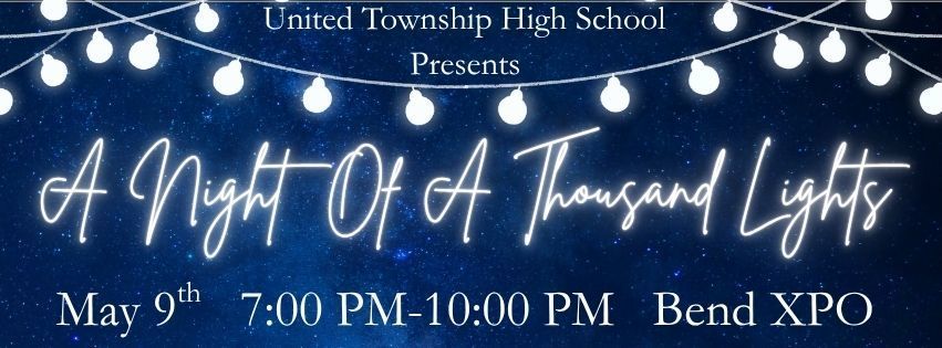 PROM Ticket Image: String Lights and White lettering set against a night sky backdrop.