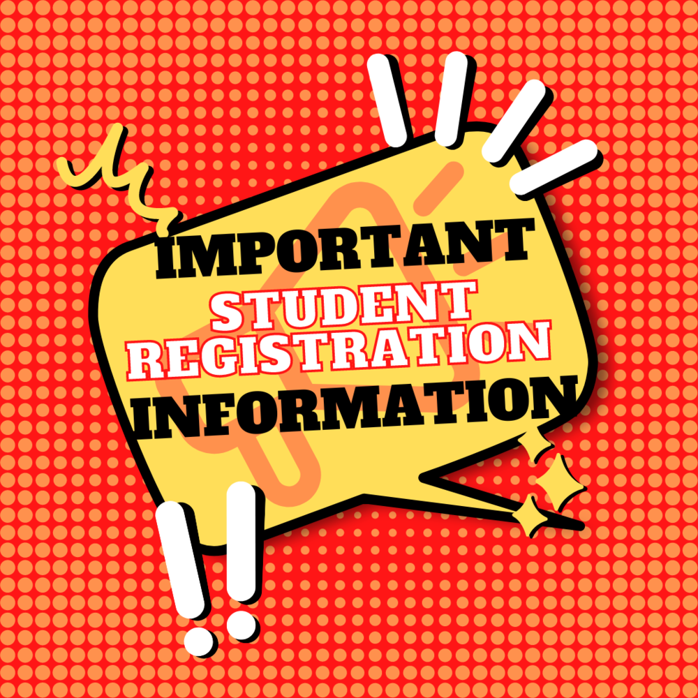 Talking box with bull horn silhouette with announcement of  important student registration information with abstract lines, stars and exclamation points. Colors of image include orange, red, yellow, white, and black.