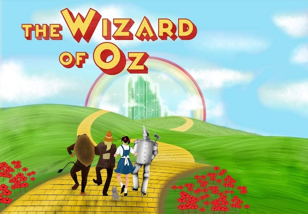 Image from "The Wizard of Oz" where Dorothy, the lion, the scarecrow, and the tin man are walking on the yellow brick road towards Emerald City surrounded by a rainbow. There is a blue sky with clouds in the image. The yellow brick road is surrounded by green pastures and red flowers.