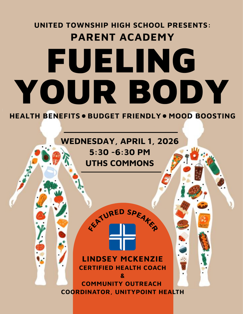 Flyer for parent academy coming up on the topic of nutrition. There are two silhouettes of bodies. One body has fruits, vegetables, meats in it and the other body has processed foods in it. The logo for UnityPoint Health is also on the flyer. This logo is a white cross on a blue background.