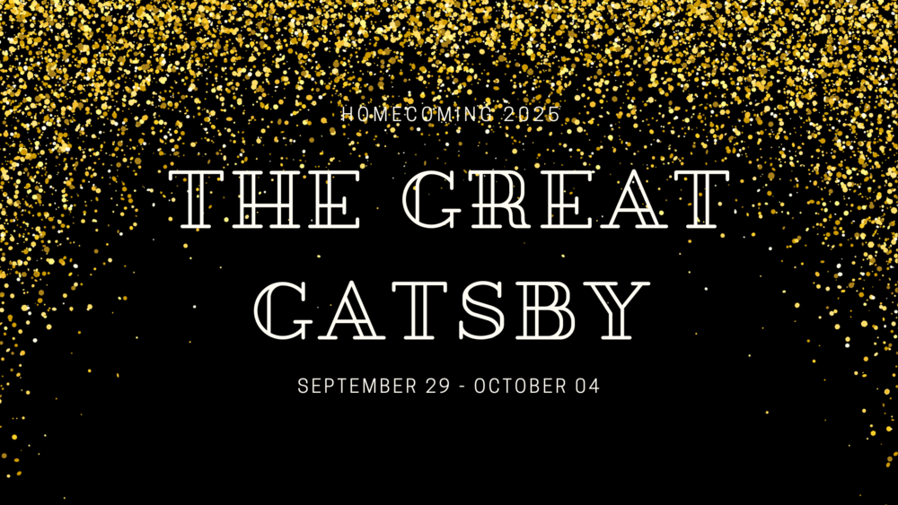 Gold shimmer over black background with theme of Homecoming 2025: The Great Gatsby.