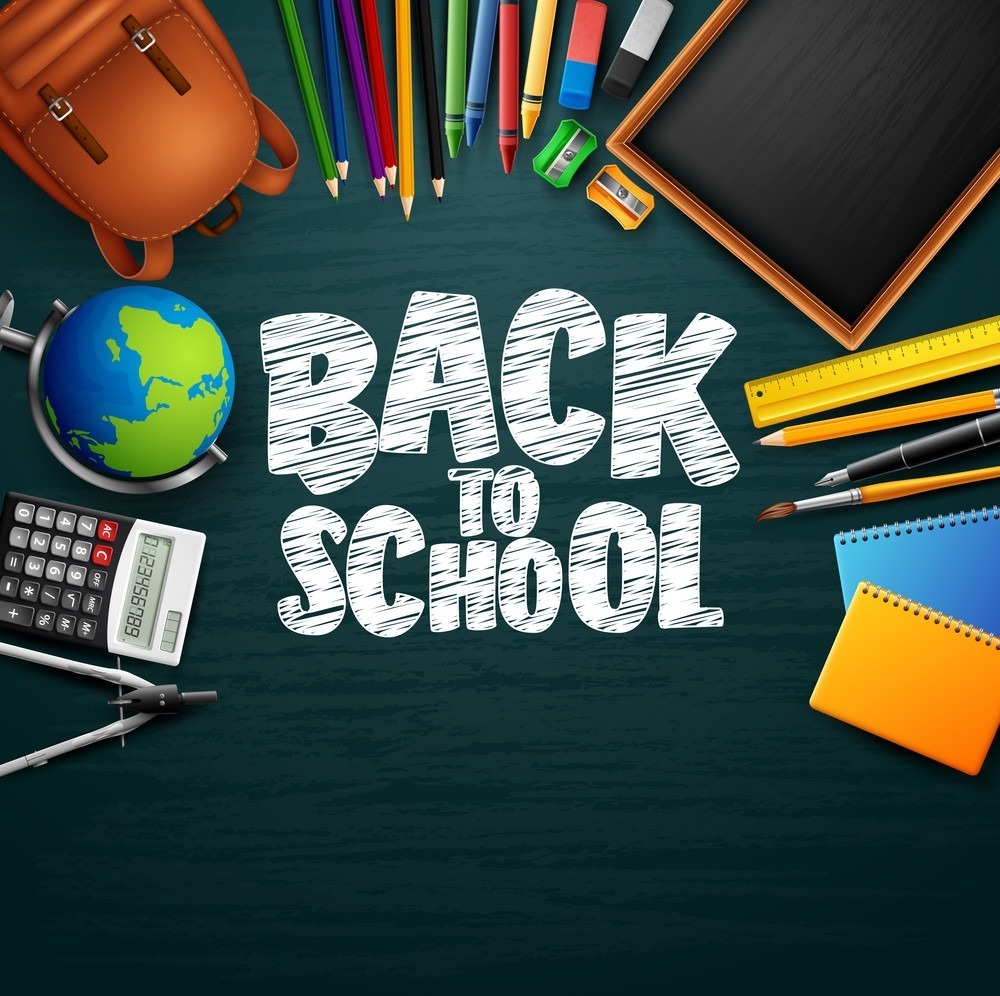 Back to School Image with a variety of school supplies pictured including protractor, calculator, globe, backpack, colored pencils, crayons, erasers, chalkboard, pencil sharpeners, ruler, pencil, pen, paint brush, and notebooks.