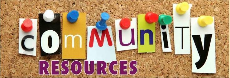 Corkboard background with the letters of the word community individually pinned to it using different colored push pins. The letters appear to be individually cut out of a magazine. The word resources is typed out in purple lettering.