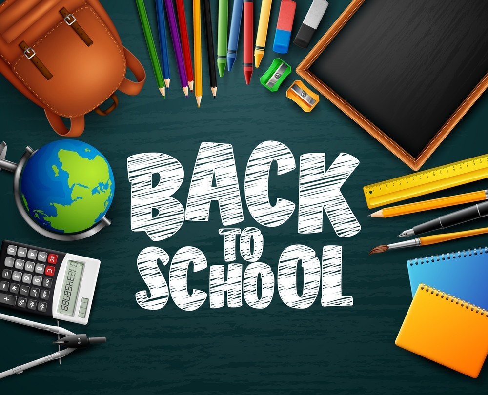 Back to School Image with a variety of school supplies pictured including protractor, calculator, globe, backpack, colored pencils, crayons, erasers, chalkboard, pencil sharpeners, ruler, pencil, pen, paint brush, and notebooks.