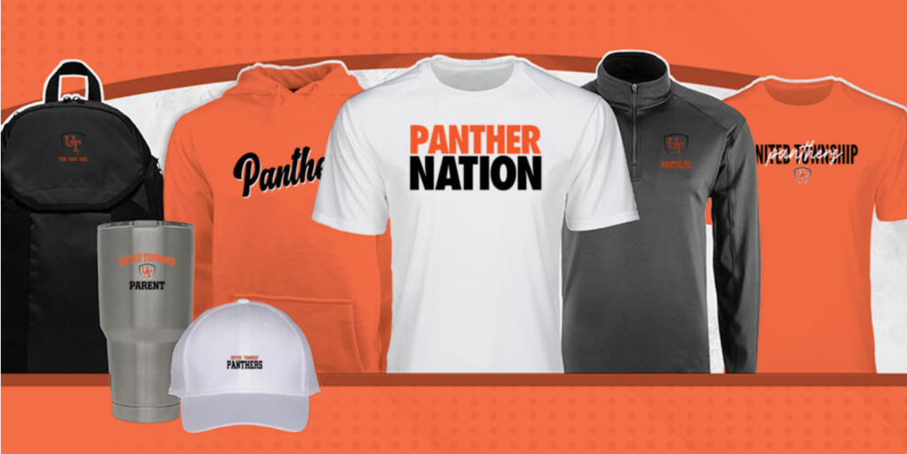 Image of backpack, tumbler, baseball hat, hoodie, t-shirts and 3/4 zip long-sleeve shirt with Panther logo/swag.