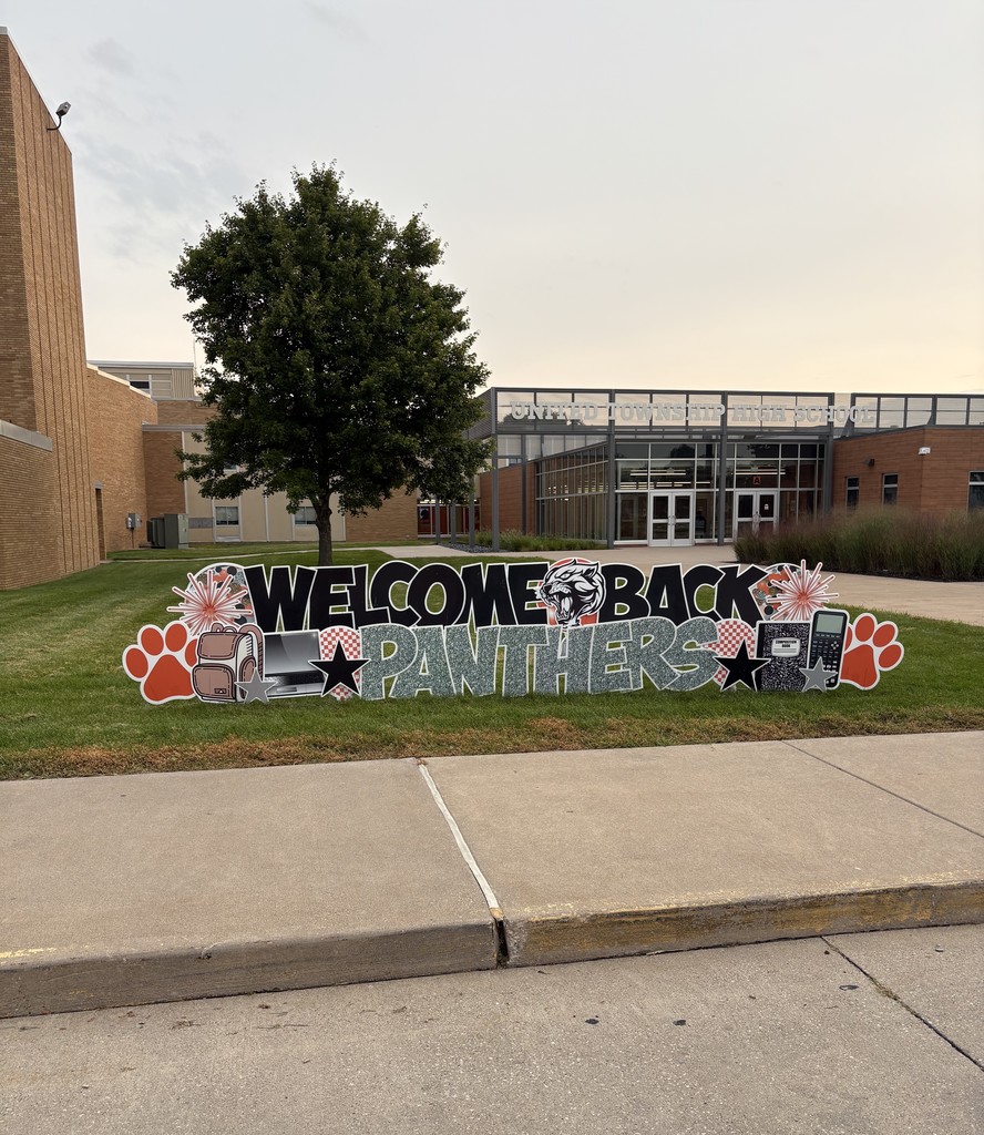 Sign Gypsies Welcome Back Panthers Image with school in the background. Image includes panther paws, stars, computer, calculator, notebook, fireworks and panther head.