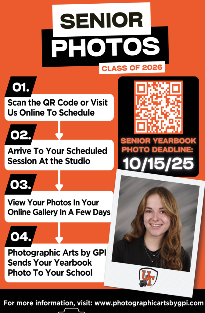 Image includes instructions for scheduling senior photos appointment in the Photographic Arts studio. A QR code to link to appointment calendar and sample image of teenage girl on the image.