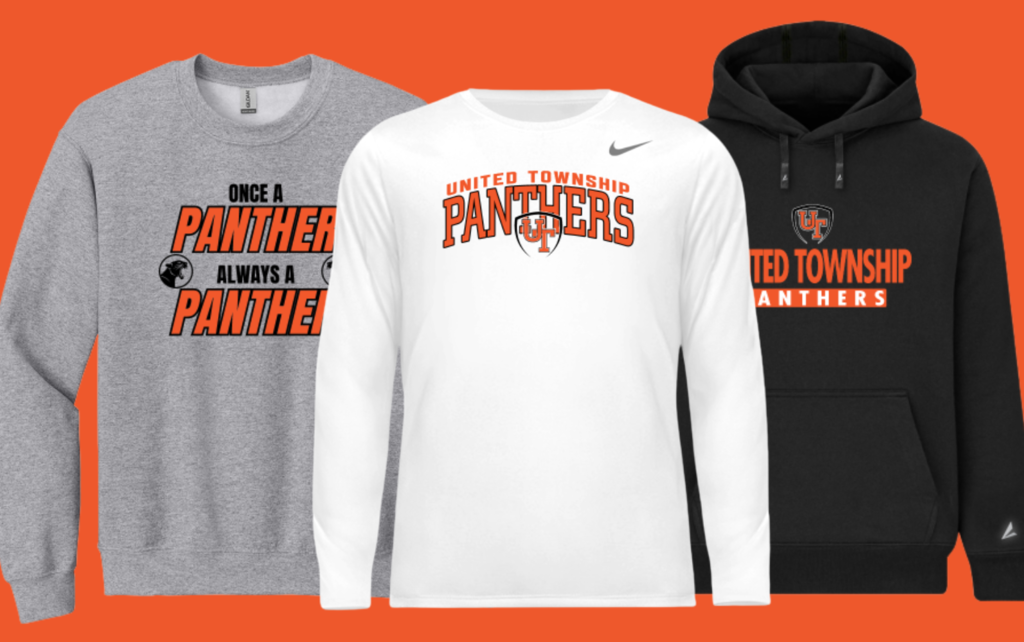 Image of gray crew neck sweatshirt, white long-sleeved t-shirt, and black hoodie on orange background.