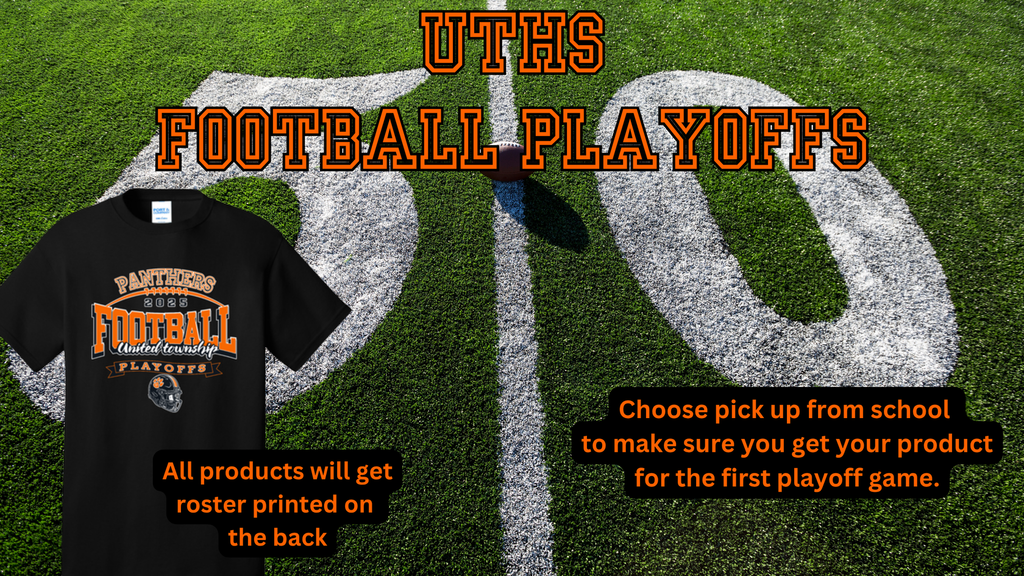 Football 50 yard line with football on the line in the background. Playoff t-shirt in the foreground.