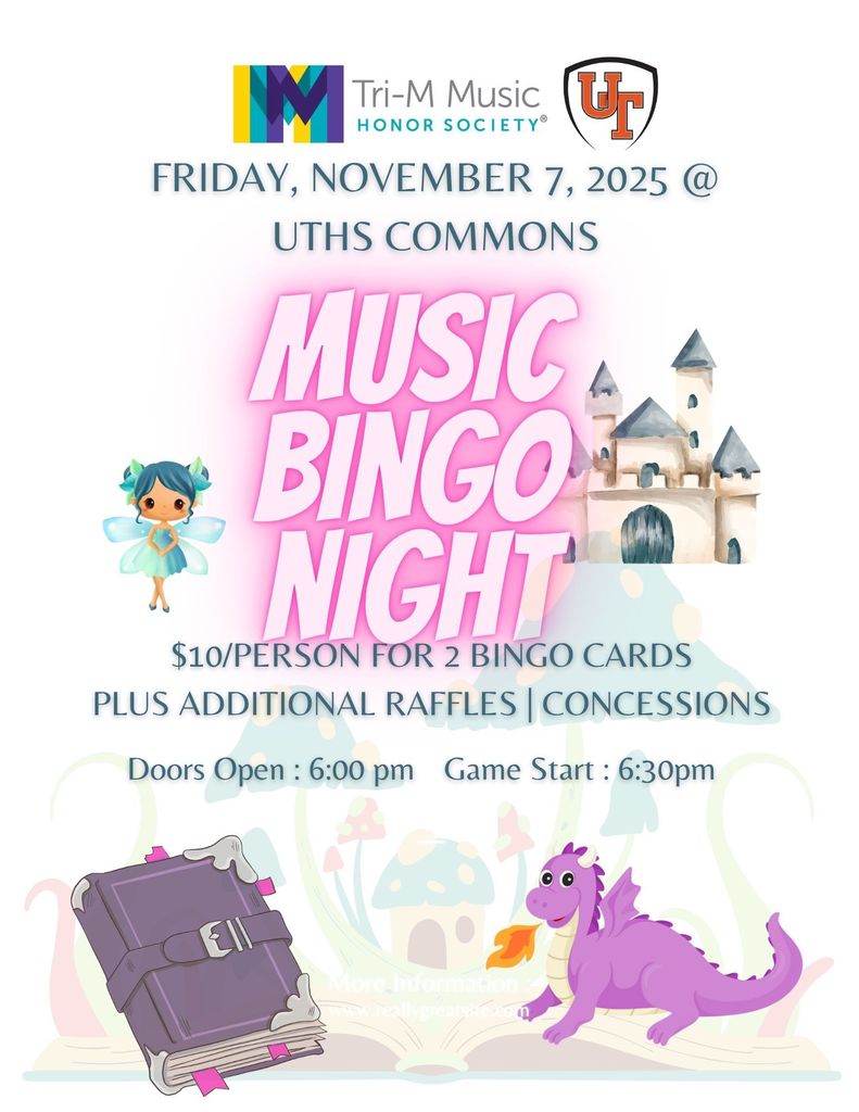 Flyer for Music Bingo Night with fairy, dragon, book, and castle images.