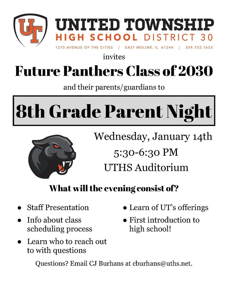 Flyer for the 8th Grade Parent Night. Has UT Crest and panther head on it.
