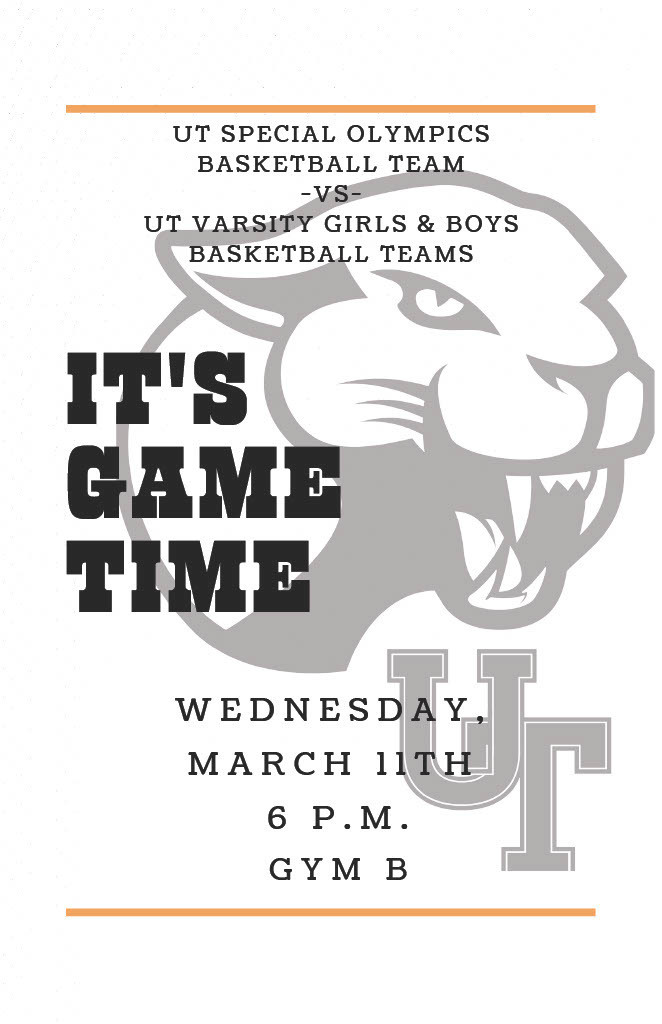 Flyer for Special Olympics basketball game . Contains image of panther head and UT crest.