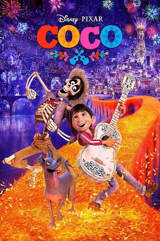 Film poster for movie COCO (2017). There is a skeleton male, dog and boy holding a white guitar on an orange bridge with a city and fireworks in the background.