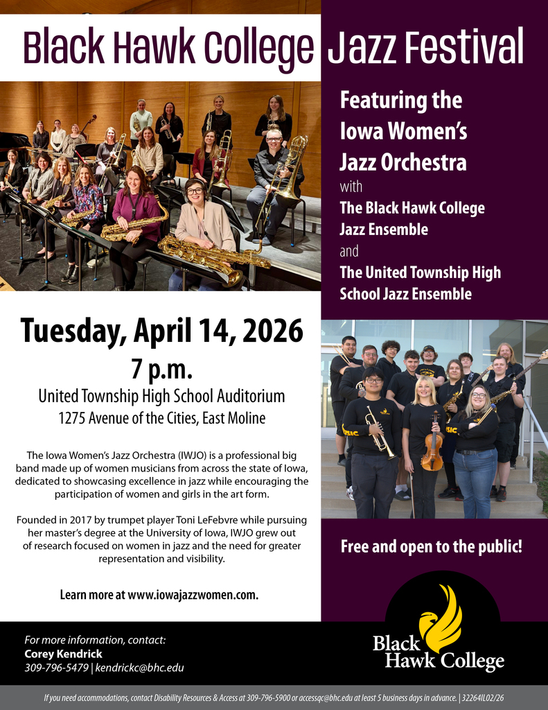 Flyer for upcoming Jazz Festival. Picture includes images of the Iowa Women's Jazz Orchestra with their instruments inside a music room and the Black Hawk College Jazz Ensemble with their instruments standing outside of a building on stairs.