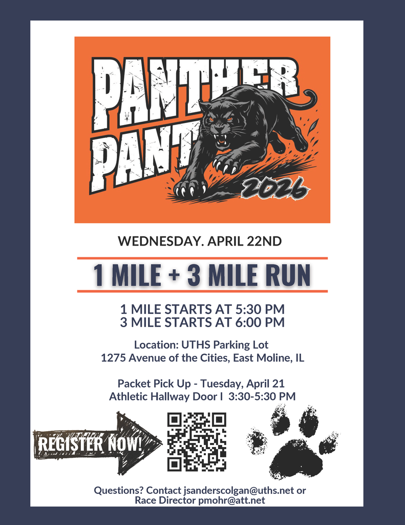 Image of flyer for the Panther Pant 2026. Panther running against orange background at the top. Arrow point to QR Code and Paw Print on the bottom.