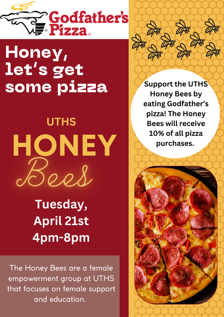 Flyer to promote fundraiser for student group. Image includes Godfather's Pizza logo,  a picture of bees on honeycomb, and a picture of a pizza.