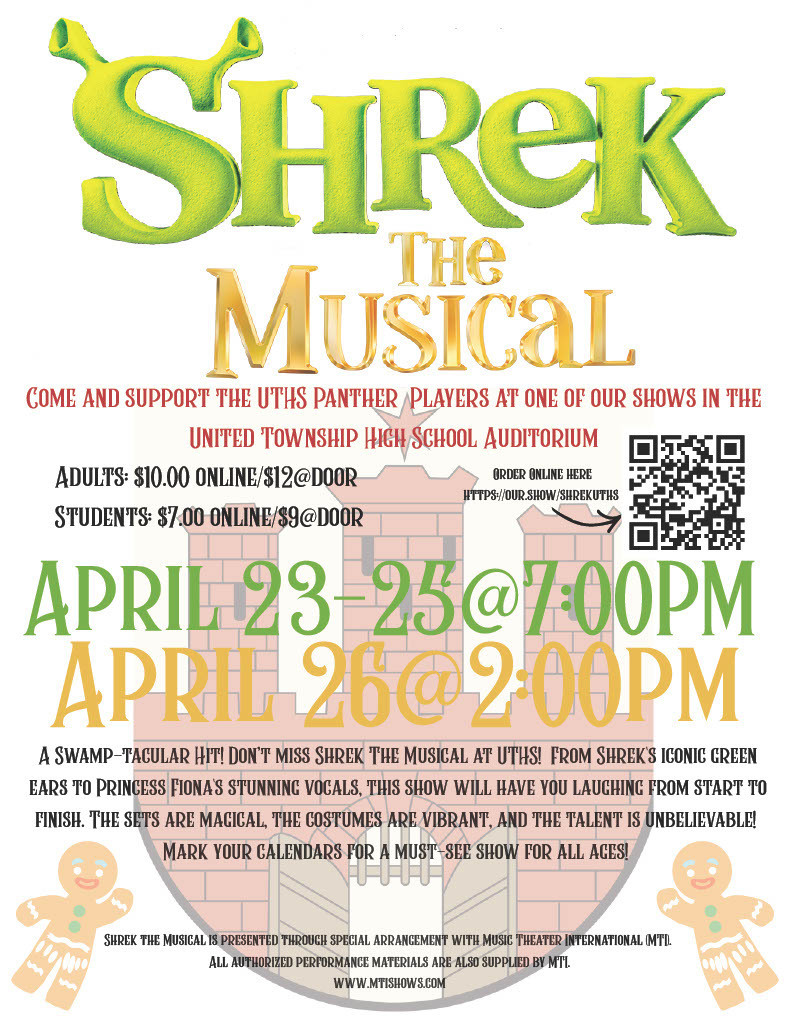 Shrek The Musical Flyer with a castle image in the background and two gingerbread men. A QR code is on the flyer to purchase tickets.